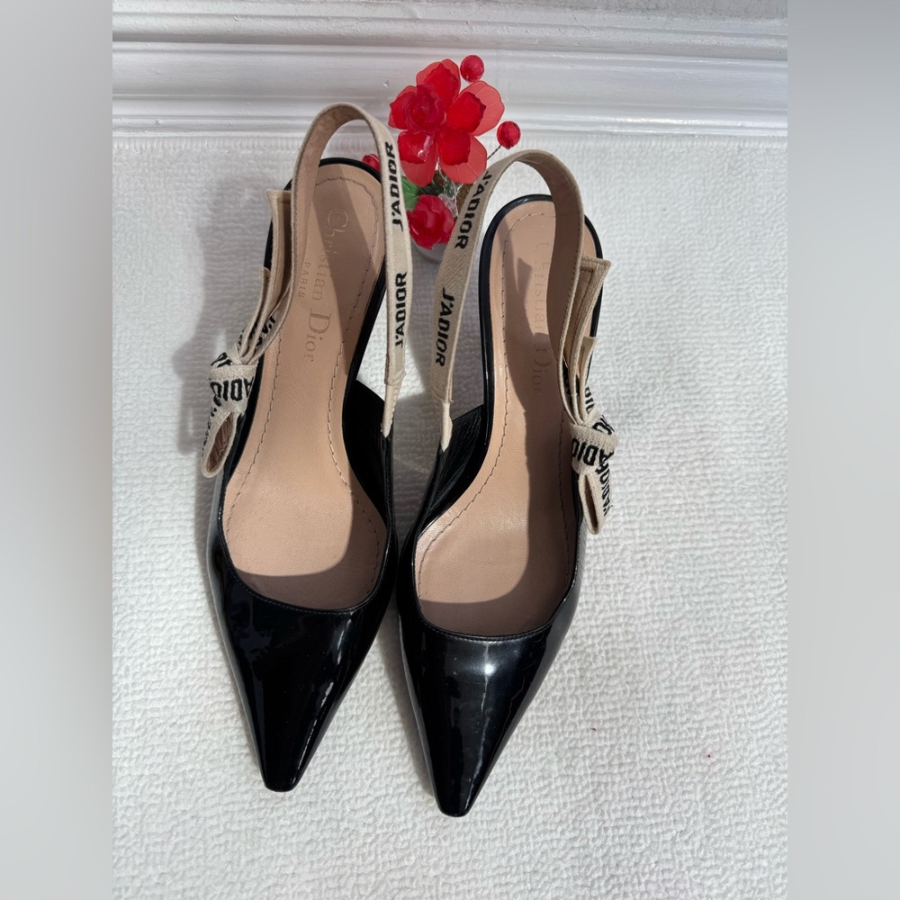 Authentic Dior Black Patent Slingback Pumps with J'Adior Ribbon Detail Size 36 - Picture 2 of 12